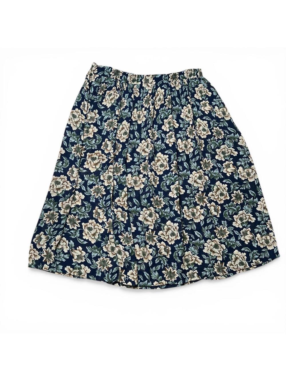 Vintage Navy Blue Floral Print Flowy Long Skirt